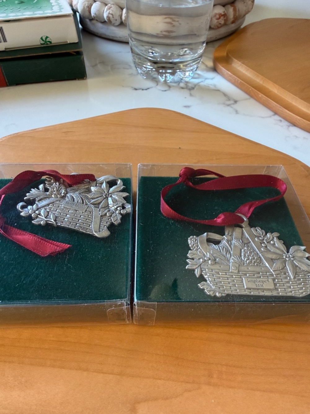 Longaberger Pewter Basket Ornaments with Burgundy Ribbons